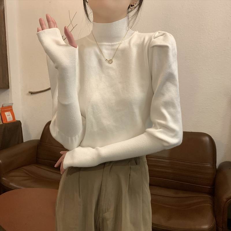 【P2倍&クーポン有】 レディース トップス ニット 袖リブ セーター フェミニン 大人可愛い こなれ感 パフスリーブ 指ぬき袖 ハイネック きれいめ リブ ポリエステル スリムフィット 萌袖 おしゃれ スリム プルオーバー カジュアル シンプル かわいい 長袖