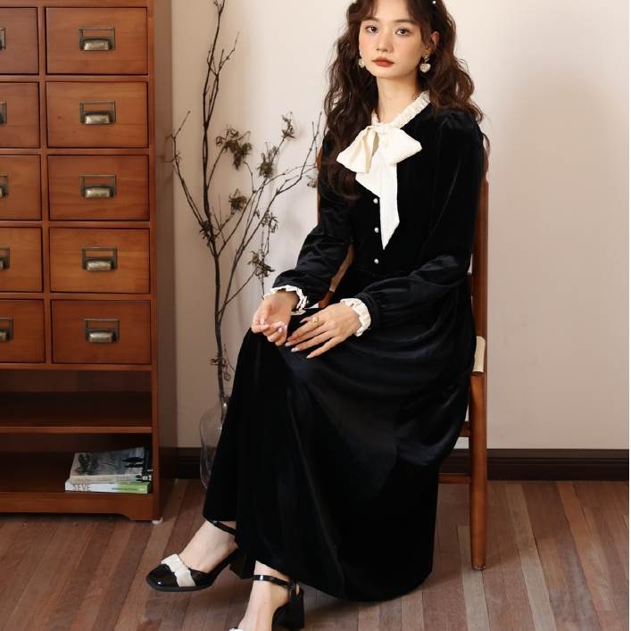 ワンピースフリルパフスリーブパール...