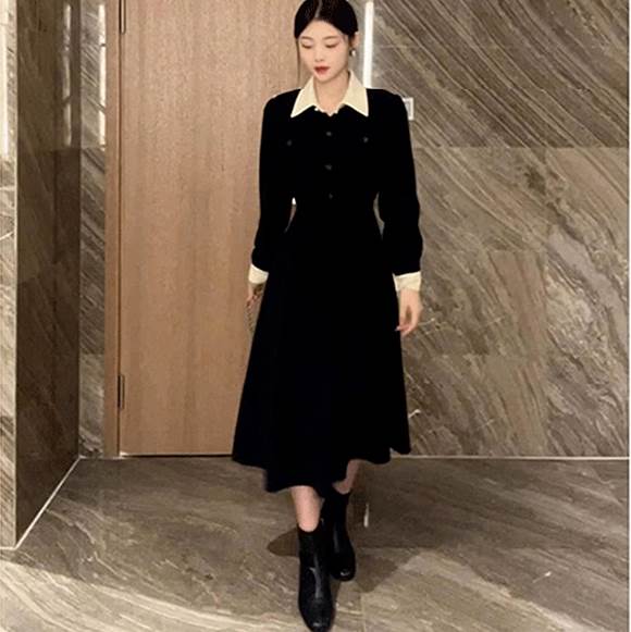 レディースワンピース長袖バイカラー...