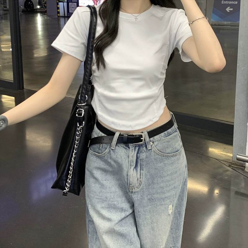 Rakuten - 【P2倍&クーポン有】 レディース トップス カットソー スリム Tシャツ アメカジ 大人可愛い 切り替えデザイン 半袖 シャーリング ハイウエスト シンプル 細身 ラウンドネック ギャザー ストリート カジュアル ショート おしゃれ 薄手 クロップド丈
