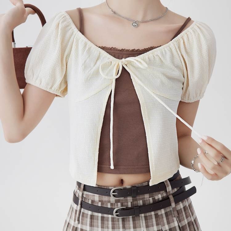 【P2倍&クーポン有】 レディース トップス カットソー 2WAY カーディガン Tシャツ 大人可愛い スリム ペンタゴンネック ストレート 上着 きれいめ パフスリーブ オフショルダー 半袖 アウター シンプル サマーセーター カジュアル 前開き サマーニット meeplot-10041501 Meeplot<ミープロット> サンプル画像2