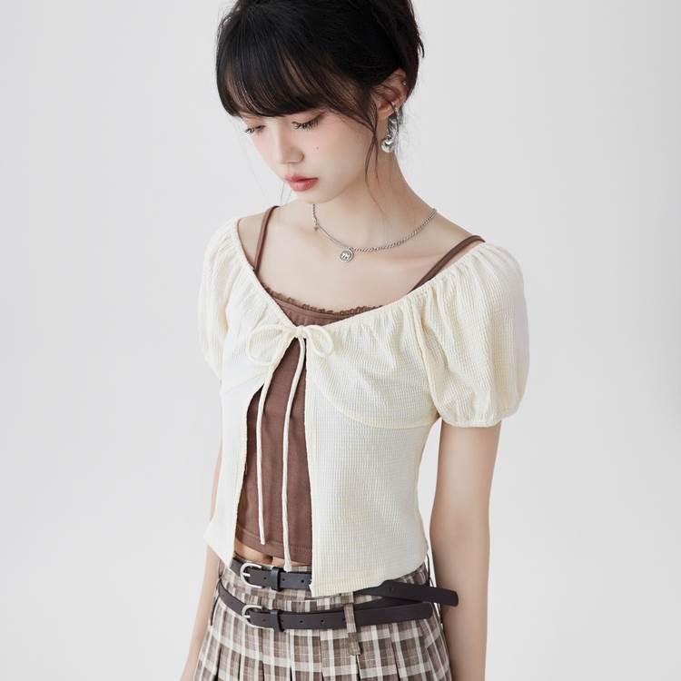 【P2倍&クーポン有】 レディース トップス カットソー 2WAY カーディガン Tシャツ 大人可愛い スリム ペンタゴンネック ストレート 上着 きれいめ パフスリーブ オフショルダー 半袖 アウター シンプル サマーセーター カジュアル 前開き サマーニット meeplot-10041501 Meeplot<ミープロット> サンプル画像3