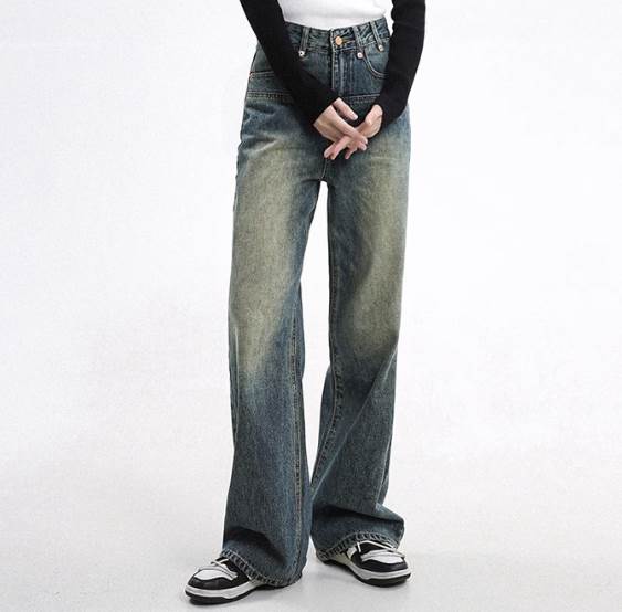 【P2倍&クーポン有】 レディース パンツ ボトムス ストレート ジーンズ ボタン おしゃれ ルーズ 丈長 ハイウエスト ファスナー かっこいい ポケット レトロ ウォッシュ 大人可愛い シンプル ストレートパンツ ラフ フルレングス カジュアル デニムパンツ