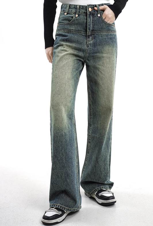 【P2倍&クーポン有】 レディース パンツ ボトムス ストレート ジーンズ ボタン おしゃれ ルーズ 丈長 ハイウエスト ファスナー かっこいい ポケット レトロ ウォッシュ 大人可愛い シンプル ストレートパンツ ラフ フルレングス カジュアル デニムパンツ