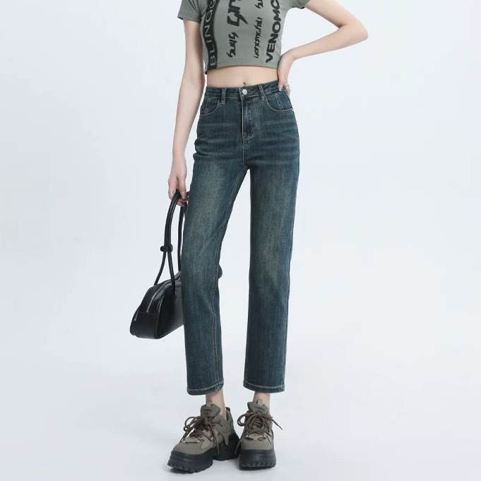 Rakuten - 【P2倍&クーポン有】 レディース パンツ ボトムス クロップドパンツ デニム ストレート かっこいい 無地 ストレートパンツ 細身 9分丈 ヴィンテージ スリム アメリカン ブルーデニム シンプル カジュアル ジーンズ アクティブ デニムパンツ おしゃれ Gパン