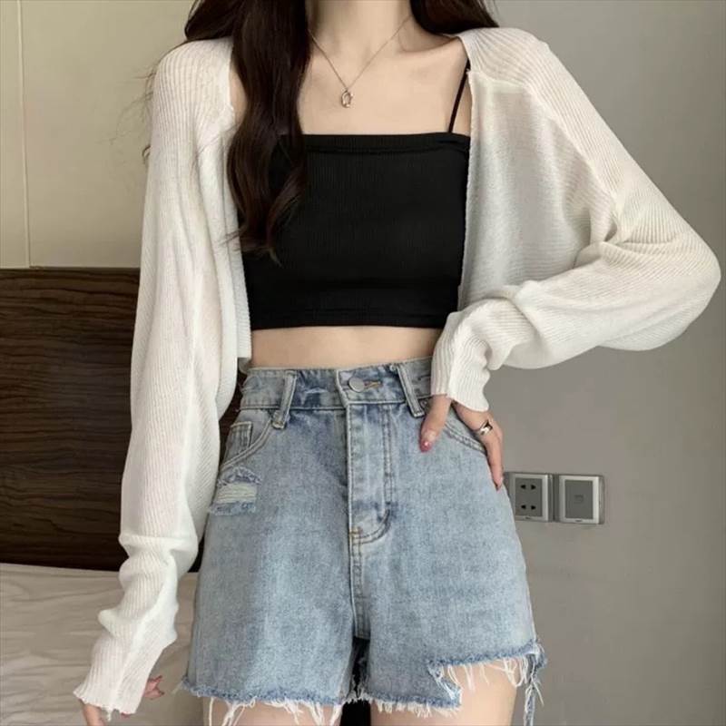 Nylon, Rayon, Polyester - 【P2倍&クーポン有】 レディース トップス ニット ショール カーディガン 萌袖 羽織 きれいめ ロマンティック ボレロ 長袖 無地 シンプル 透け感 ドルマンスリーブ フェミニン カジュアル ルーズ ショート サマーニット 春 おしゃれ 薄手 大人可愛い 上着