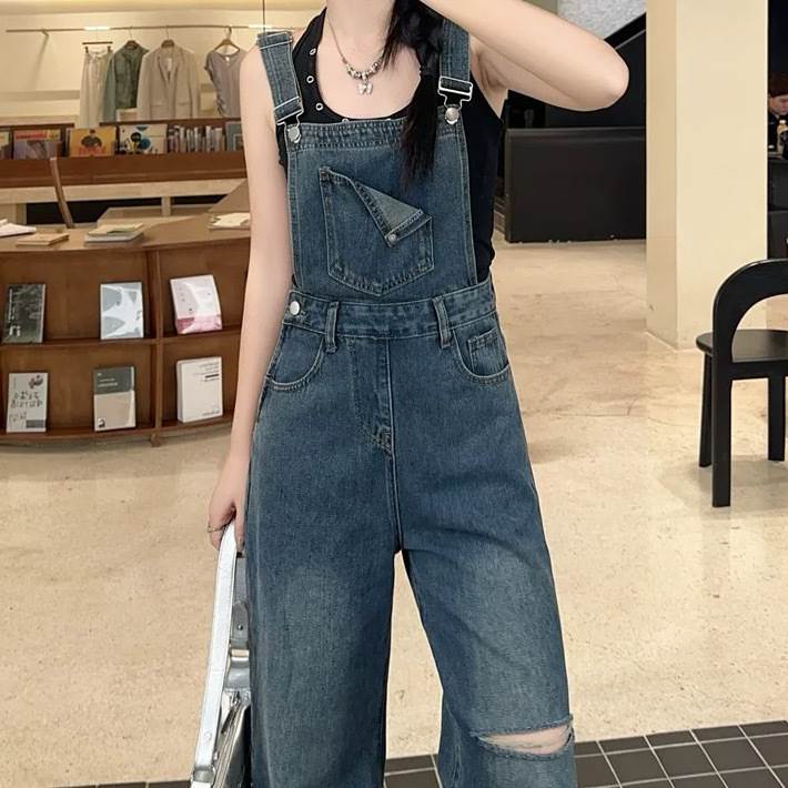 【P2倍&クーポン有】 レディース パンツ ボトムス ジャンプスーツ サロペット ノースリーブ ボタン ストレート デニム ポケット 袖なし ヴィンテージ オーバーオール デニムパンツ ワイド ロング アメカジ オールインワン ダメージ ハイウエスト つなぎ