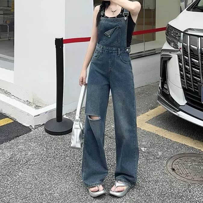 【P2倍&クーポン有】 レディース パンツ ボトムス ジャンプスーツ サロペット ノースリーブ ボタン ストレート デニム ポケット 袖なし ヴィンテージ オーバーオール デニムパンツ ワイド ロング アメカジ オールインワン ダメージ ハイウエスト つなぎ