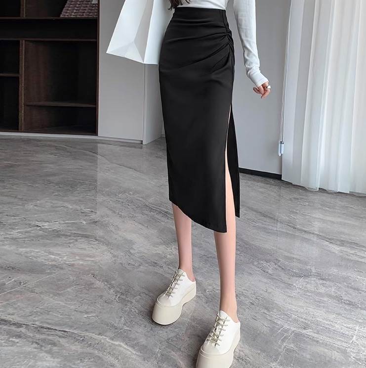 【P2倍&クーポン有】 休日スタイル レディース スカート サイドスリット ボトムス きれいめ タイト 細身 バックコンシャス シンプル ハイウエスト ロングスカート フェミニン タック スリム ミモレ カラースカート ギャザー 大人可愛い タイトスカート(4)