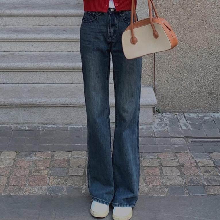 【P2倍&クーポン有】 ハンサム レディース パンツ ポケット ボトムス 大人可愛い デニムパンツ セミフレア ハイウエスト シンプル ヴィンテージ ストレートパンツ 裾ワイド ストリート フルレングス ロングパンツ デニム アメカジ ブルーデニム Gパン