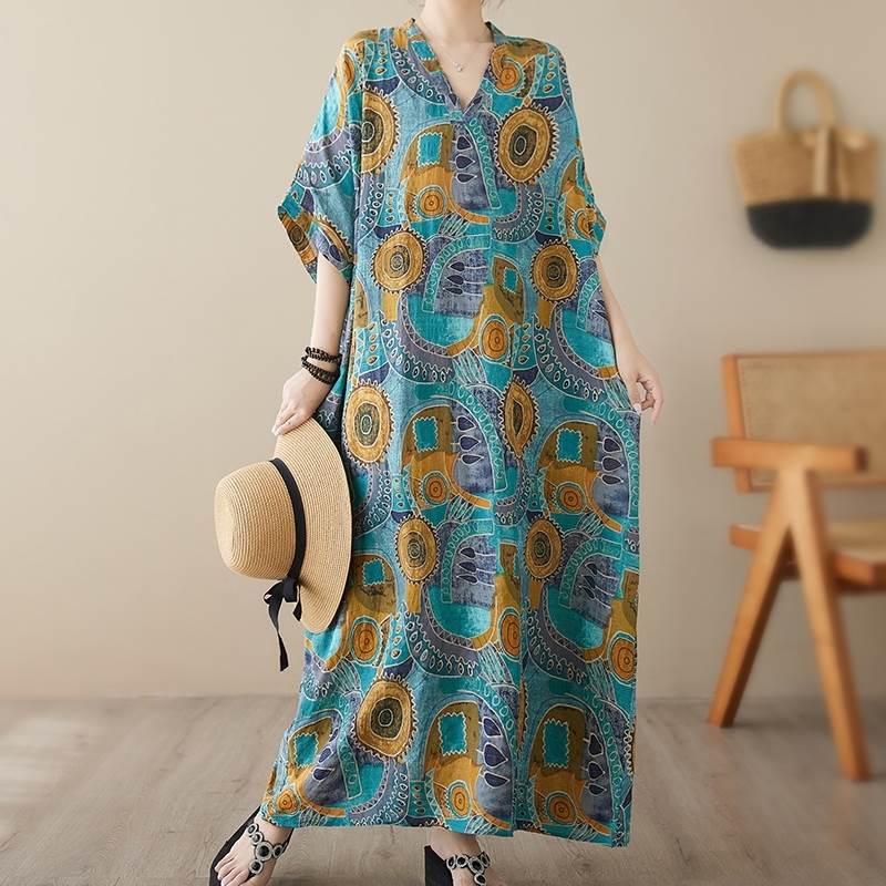 【P2倍&クーポン有】 レディース ワンピース シャツワンピ バンドカラー フレア ワイド きれいめ おしゃれ Vネック 幾何学模様 Aライン シンプル ドロップショルダー カジュアル フレア かわいい ラフ ロング 上品 ボヘミアン 大人可愛い 5分袖