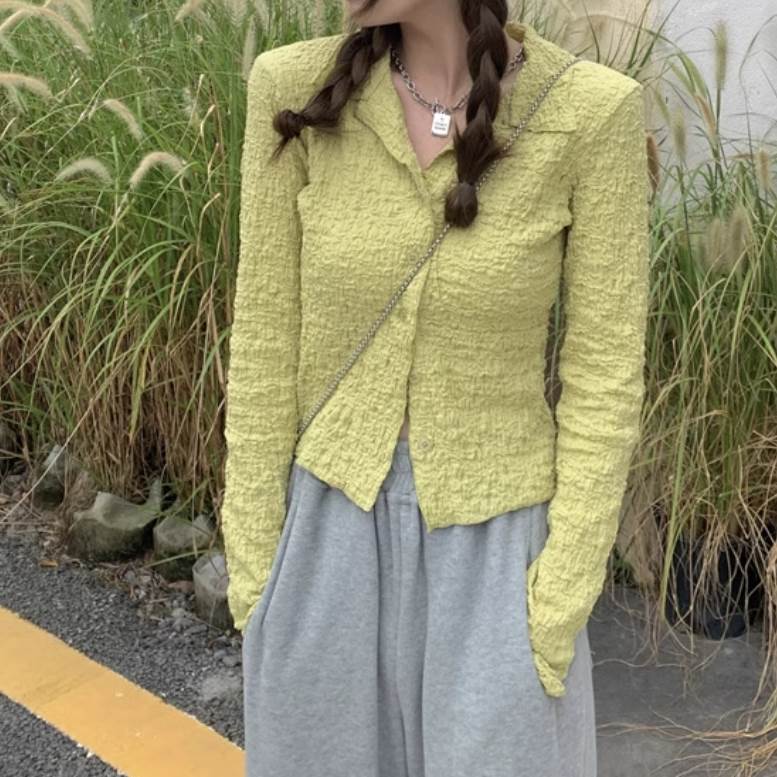 Long-Sleeved - 【P2倍&クーポン有】 レディース シャツ 前開き きれいめ ミニ ボタン カジュアル 大人可愛い 襟付き シンプル ガーリー 薄手 おしゃれ 伸縮性 かっこいい 細身 ポロカラー スマート 萌袖 レトロ ショート こなれ感 かわいい ラフ スリム 上品 長袖