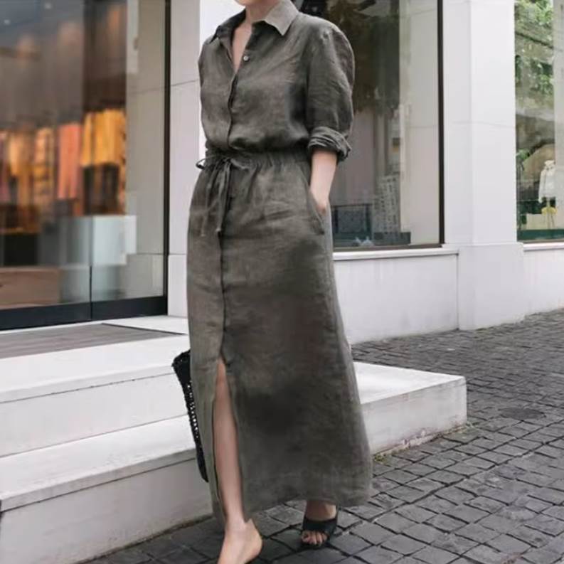 【P2倍&クーポン有】 レディース スカート ワンピース 襟付き シャツワンピ ハイウエスト カジュアル レトロ ミモレ ポケット ウエストマーク 上品 ウエストリボン おしゃれ かわいい 大人可愛い きれいめ 前開き かっこいい 長袖 シンプル ロングスカート