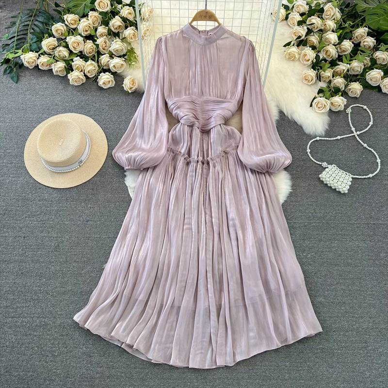  ワンピース ロングワンピース 長袖 かわいい ボリューム袖 上品 個性的 秋 ウエストマーク 大人可愛い きれいめ 主役級 かっこいい カジュアル おしゃれ フレアスカート 春 シンプル ハイネック 抜け感 存在感 こなれ感 シースルー