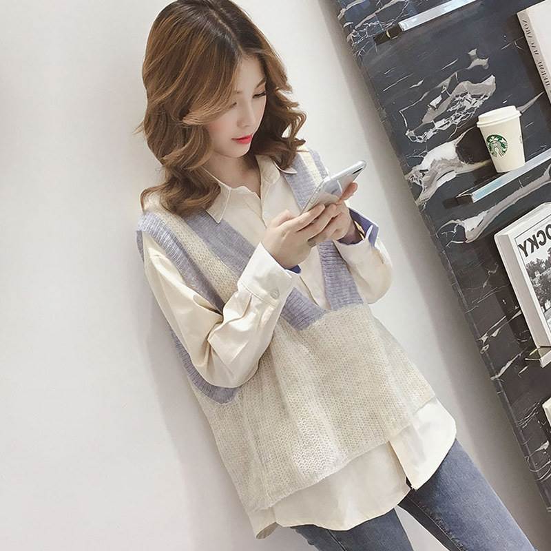 【P2倍&クーポン有】 2点セット シャツ 長袖 Vネック 襟付き 大人可愛い かっこいい 存在感 ミディアム丈 プルオーバー 抜け感 カジュアル シンプル か...