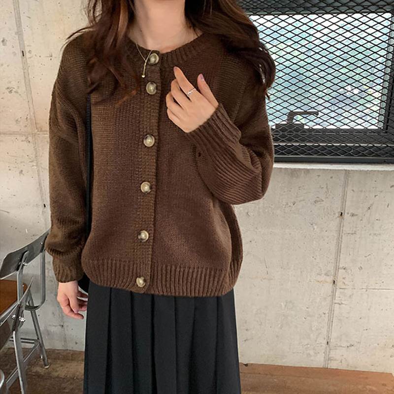 【P2倍&クーポン有】 トップス カーディガン 襟なし 10代 前開き シンプル レディース ラウンドネック 20代 かわいい お出かけ 休日 通学 ママ アウトドア 萌袖 袖あり 女性用 公園デビュー 学生 無地 クルーネック ルーズ デート