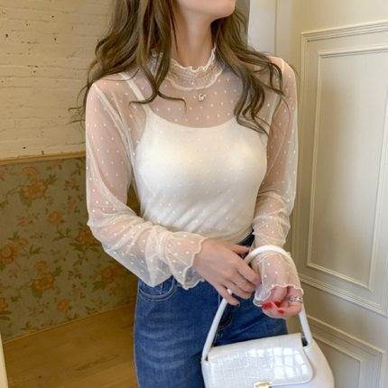 Rakuten - 【P2倍&クーポン有】 トップス カットソー レース こなれ感 チュール マニッシュ おしゃれ 上品 大人可愛い かっこいい シースルー クール モダン カジュアル 襟付き 刺繍 袖あり 個性的 透け感 キュート 大人 エレガント ハイネック モード系