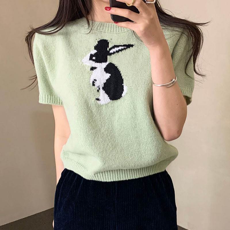 乐天商城 - 【P2倍&クーポン有】 トップス ニットソー 刺繍 秋 かわいい キュート レディース 半袖 10代 ラブリー 休日 旅行 デート 学生 韓国 袖あり セーター 女性用 アウトドア 通学 存在感 クルーネック 主役級 お出かけ