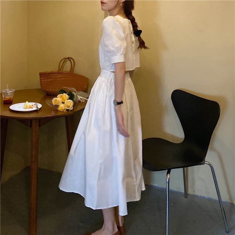 【P2倍&クーポン有】 セットアップ シャツ ラウンドネック 半袖 フリル 学生 カジュアル キュート ラフ..