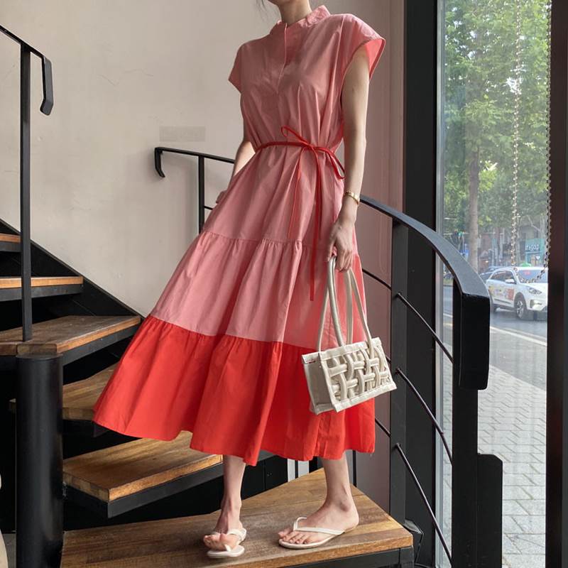 【P2倍&クーポン有】 ワンピース レディース スタンドカラー お洒落 上品 こなれ感 フレア ティアードワンピース かわいい きれいめ ラフ 襟なし カジュアル 大人可愛い 袖あり ミモレ丈 シャツワンピ 切り替えデザイン レトロ 膝下 フレアワンピース 大人女子 シンプル 半袖