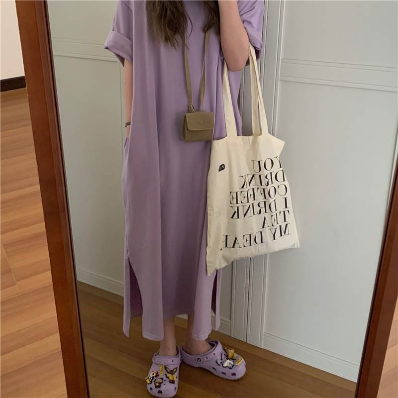 Rakuten - 【P2倍&クーポン有】 ワンピース レディース 半袖 ラフ ラウンドネック ルーズ 大人 カジュアル 大人女子 お洒落 ワイド 無地 秋 大人可愛い マキシ丈 ドロップショルダー カジュアルワンピース 抜け感 襟なし 主役級 シンプル 夏 袖あり 春