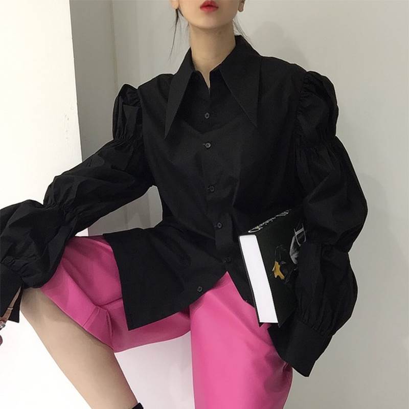 【P2倍&クーポン有】 トップス レディース ボリューム袖 きれいめ 襟付き ヴィンテージ カジュアル シンプル 上品 長袖 シャープ ラフ ..