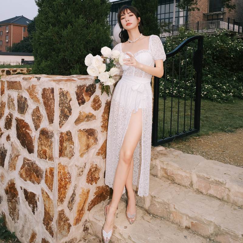 【P2倍&クーポン有】 水着 ワンピース 2点セット 柄 きれいめ ゴージャス 40代 フリル 20代 セクシー M XL 二の腕カバー 女性用 白 レース ワイヤー レディース L 体系カバー おしゃれ 透け感 大人っぽい S 2