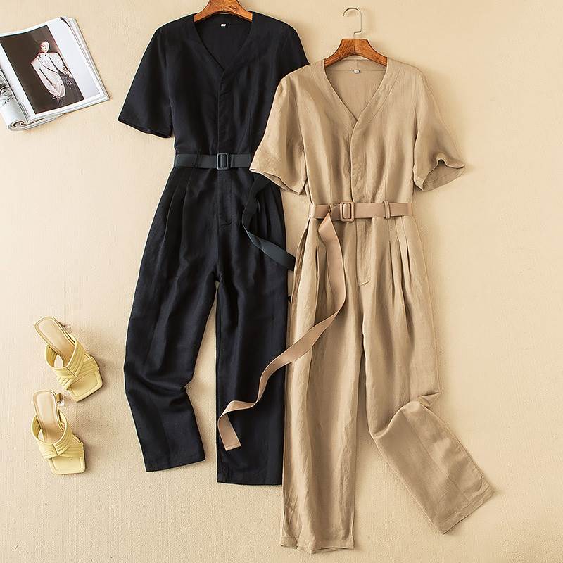【P2倍&クーポン有】 オールインワン スーツ 麻 クール リネン 大人 春 ベルト モード系 カジュアル 40代 女性用 20代 秋 お出かけ Vネック 袖あり 夏 レディース 10代 アジアン 前開き レトロ 30代