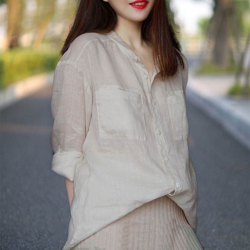 トップスシャツ前開きルーズ麻薄手春...