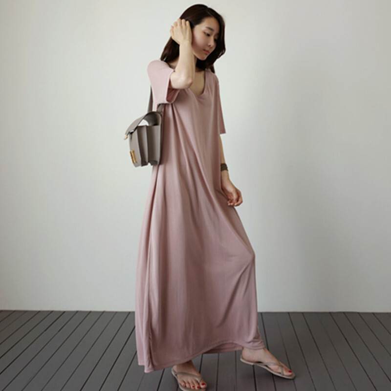 Rakuten - 【P2倍&クーポン有】 ワンピース ロング Vネック ルーズ フレア バックシャン 無地 袖あり とろみ感 Aライン 40代 女性用 20代 夏 マタニティ マキシ丈 ロング丈 春 レディース 10代 おしゃれ 半袖 カジュアル 30代
