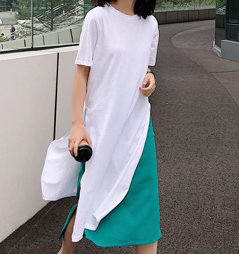 樂天商城 - 【P2倍&クーポン有】 ワンピース Tシャツ 半袖 おしゃれ ラウンドネック ストレート 無地 袖なし こなれ感 クルーネック 40代 女性用 20代 夏 ママ ひざ丈 キャミソール 春 レディース 10代 綿 袖あり サイドスリット 30代