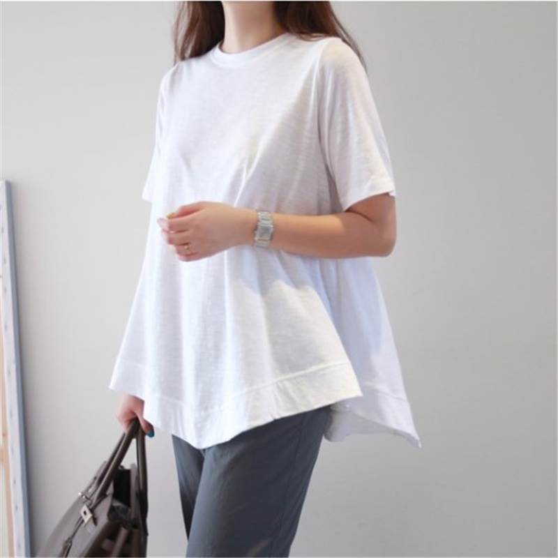Rakuten - 【P2倍&クーポン有】 トップス Tシャツ フレア 春 アシンメトリー 大人可愛い 20代 ラウンドネック 夏 綿 学生 デート 女性用 40代 お出かけ 5分袖 白トップス 30代 通学 レディース こなれ感 クルーネック おしゃれ ママ