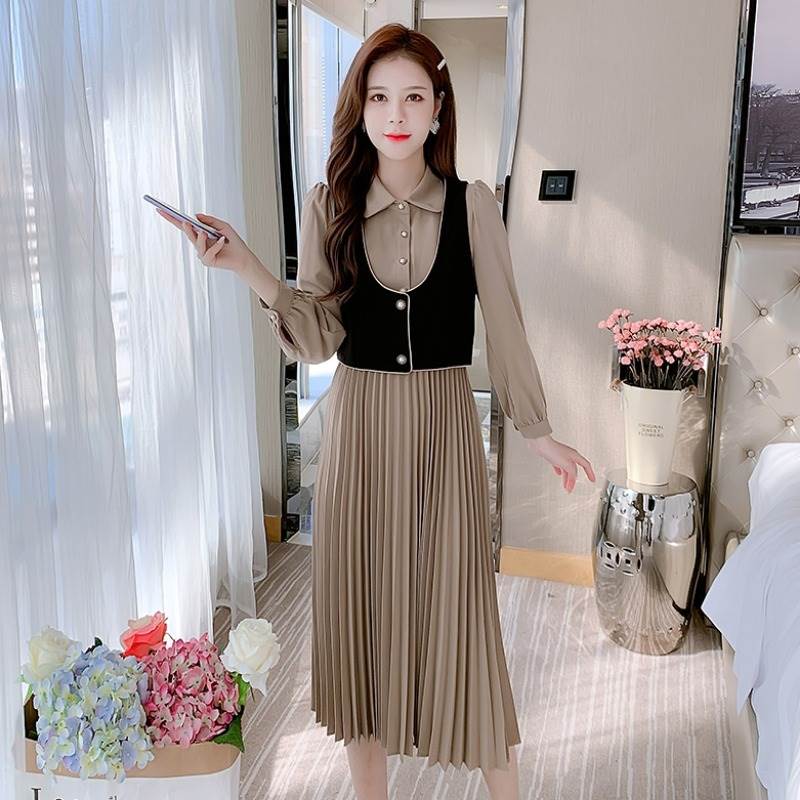 【P2倍&クーポン有】 ワンピース セットアップ パフスリーブ 長袖 フレア 学生 上品 無地 ガーリー か..