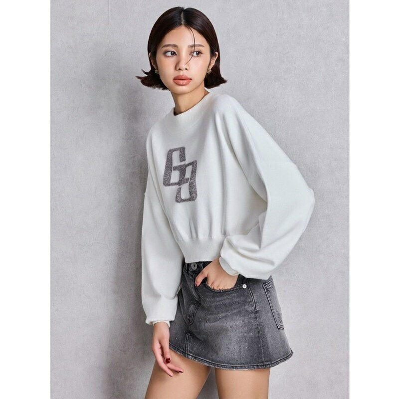 Rakuten - 【20時〜6時間限定ポイント5倍】【SALE】【最短翌日お届け】GGインターシャニットトップス GYDA ジェイダ 072552643801 gyda レディース トップス ショート丈 ニット クルーネック セーター 長袖 フリーサイズ オフホワイト ブラック パープル GYDA ニット gyda