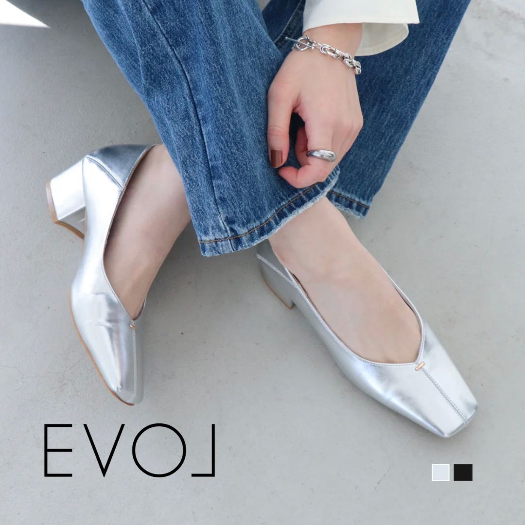Rakuten - 【20時〜6時間限定ポイント5倍】【最短翌日お届け】EVOL×kusukusuコラボスクエアパンプス EVOL イーボル IY5696 レディース パンプス コラボ スクエアトゥ Vカット ソフト 柔らかい 太ヒール 美脚 脚長 スタイルアップ 上品 カジュアルコーデ 綺麗め シルバー ブラック
