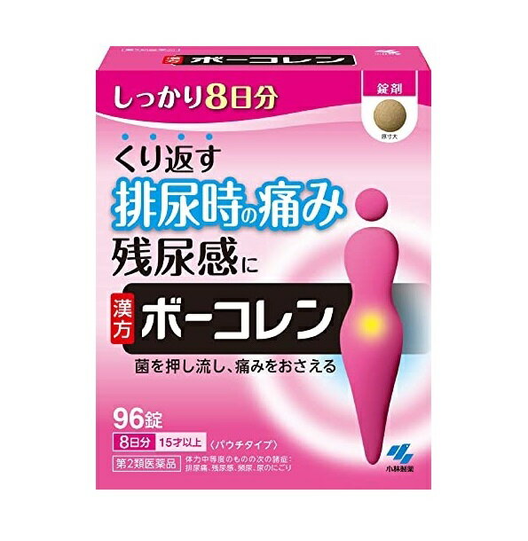 　つらい排尿痛、残尿感に 炎症を抑え、菌を押し流す 11種類の生薬からなる漢方処方「五淋散」です 膀胱や尿道などに違和感を感じる方の、排尿痛、残尿感、頻尿などのつらい症状を徐々に緩和していきます 商品名 ボーコレン　96錠　2箱セット　　 内容量 　96錠　2箱セット　　 効能・効果 体力中等度のものの次の諸症： 頻尿、排尿痛、残尿感、尿のにごり 　 成分・分量 1日量：12錠中） 五淋散料エキス・・・2.55g ＜原生薬換算量＞ ブクリョウ 3.0g トウキ 1.5g オウゴン 1.5g カンゾウ 1.5g シャクヤク 1.0g サンシシ 1.0g ジオウ 1.5g タクシャ 1.5g モクツウ 1.5g カッセキ 1.5g シャゼンシ 1.5g 添加物として、無水ケイ酸、CMC-Ca、ステアリン酸Mg、セルロースを含有する 用法・用量 次の量を食前または食間に水または白湯で服用してください。 成人（15才以上）… 1回4錠、1日3回 7才以上15才未満 … 1回3錠、1日3回 5才以上7才未満 … 1回2錠、1日3回 5才未満 … 服用しないこと 　 　　 ご服用にあたっての注意 (1) 定められた用法・用量を厳守すること (2) 吸湿しやすいため、服用のつどチャックをしめること (3) 小児に服用させる場合には、保護者の指導監督のもとに服用させること 剤形 錠剤 成分・分量 （使用上の注意 相談すること 1．次の人は服用前に医師または薬剤師に相談すること (1) 医師の治療を受けている人 (2) 妊婦または妊娠していると思われる人 (3) 胃腸が弱く下痢しやすい人 (4) 高齢者 (5) 次の症状のある人：むくみ (6) 次の診断を受けた人：高血圧、心臓病、腎臓病 2．次の場合は、直ちに服用を中止し、製品のパッケージ（外箱）を持って医師または薬剤師に相談すること (1) 服用後、次の症状があらわれた場合 関係部位 ： 症状 消化器 ：食欲不振、胃部不快感 まれに下記の重篤な症状が起こることがあります。その場合は直ちに医師の診療を受けること 症状の名称 ： 症状 間質性肺炎：せきを伴い、息切れ、呼吸困難、発熱などがあらわれる 偽アルドステロン症：尿量が減少する、顔や手足がむくむ、まぶたが重くなる、手がこわばる、血圧が高くなる、頭痛などがあらわれる (2) 1ヶ月くらい服用しても症状がよくならない場合 3．長期連用する場合には、医師または薬剤師に相談すること 4．次の症状があらわれることがあるので、このような症状の継続または増強が見られた場合には、服用を中止し、医師または薬剤師に相談すること：下痢 医薬品の保管及び取り扱い上の注意 (1) 直射日光の当たらない湿気の少ない涼しいところにチャックをしっかりしめて箱に入れて保管すること (2) 小児の手の届かないところに保管すること (3) 他の容器に入れ替えないこと（誤用の原因になったり品質が変わる） (4) 本剤をぬれた手で扱わないこと 　 　 製造販売元 林製薬株式会社 お客様相談室 大阪市中央区道修町4-4-10 フリーダイヤル 0120-5884-01 9:00〜17:00 (土・日・祝日を除く) 　 区分 日本製・第2類医薬品 広告文責 メガヘルスマート 電話：024-922-2148　薬剤師　　菊地　浩也　 　 この商品は医薬品です。用法用量をご確認の上、 ご服用下さいませ。　 【使用期限：商品発送後、一年以上ございます】 医薬品販売に関する記載事項