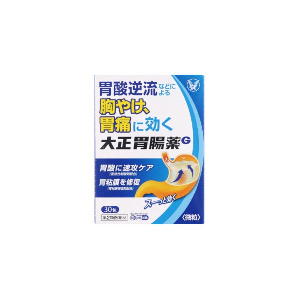 　商品名 大正胃腸薬G　　　 内容量 30包　 成分 1包（1.3g）中 炭酸水素ナトリウム200mg ケイ酸アルミン酸マグネシウム300mg ロートエキス3倍散 　（ロートエキスとして10mg）30mg ソファルコン100mg 添加物：トウモロコシデンプン、リン酸水素Ca、D-マンニトール、バレイショデンプン、ヒプロメロース、ポリソルベート80、香料、オクテニルコハク酸デンプンNa、還元麦芽糖水アメ、ヒドロキシプロピルセルロース、l-メントール 効能・効果 　胸やけ、胃痛、胃酸過多、胃部不快感、はきけ（胃のむかつき、二日酔・悪酔のむかつき、嘔気）、飲みすぎ、胃部膨満感、胃もたれ、胃重、胸つかえ、げっぷ、嘔吐 　 用法・用量 ●用法・用量 　次の量を食間又は就寝前に水又はぬるま湯で服用してください。 ［年令：1回量：服用回数］ 成人（15才以上）：1包：1日3回 15才未満：服用しないこと 食間の服用は，食事の後2&#12316;3時間を目安にします。 ●用法関連注意 　定められた用法・用量を厳守してください。 ご服用にあたっての注意 ●使用上の注意 ■してはいけないこと （守らないと現在の症状が悪化したり，副作用が起こりやすくなります） 1．次の人は服用しないでください 　透析療法を受けている人。 2．本剤を服用している間は，次の医薬品を服用しないでください 　胃腸鎮痛鎮痙薬（胃や腸の痛みをおさえる薬） 3．授乳中の人は本剤を服用しないか，本剤を服用する場合は授乳を避けてください 　（母乳に移行して乳児の脈が速くなることがあります） 4．長期連用しないでください ■相談すること 1．次の人は服用前に医師，薬剤師又は登録販売者に相談してください 　（1）医師の治療を受けている人。 　　（医師から処方されている薬に影響したり，本剤と同じ種類の薬を服用している可能性もあります） 　（2）妊婦又は妊娠していると思われる人。 　　（妊婦又は妊娠していると思われる婦人は薬の服用には慎重を期す必要があります） 　（3）高齢者。 　　［一般的に高齢者（65才以上）は，生理機能が衰えていることが多いので注意してください］ 　（4）薬などによりアレルギー症状を起こしたことがある人。 　　（何らかの薬でアレルギー症状を起こした人は，本剤でも起こる可能性があります） 　（5）次の症状のある人。 　　排尿困難 　　（ロートエキスにより，前立腺肥大による排尿障害のある人はさらに尿が出にくくなることがあります） 　（6）次の診断を受けた人。 　　腎臓病（配合成分の中には腎臓から排泄されるものもあります） 　　心臓病（ロートエキスにより，脈拍があがったり，心臓がどきどきしたりする可能性があります） 　　緑内障［ロートエキスにより，緑内障の症状（例えば目の痛み，目のかすみ等）が悪化したりすることがあります］ 　（7）他の薬剤を服用している人。 　　（同時に服用する他の薬剤の有効性や安全性に影響を与える可能性があります） 2．服用後，次の症状があらわれた場合は副作用の可能性があるので，直ちに服用を中止し，この説明書を持って医師，薬剤師又は登録販売者に相談してください ［関係部位：症状］ 皮膚：発疹・発赤，かゆみ※ 　（※アレルギー症状があらわれた時は，早めの手当が重要） まれに下記の重篤な症状が起こることがあります。その場合は直ちに医師の診療を受けてください。 ［症状の名称：症状］ 肝機能障害：発熱，かゆみ，発疹，黄疸（皮膚や白目が黄色くなる），褐色尿，全身のだるさ，食欲不振等があらわれる 3．服用後，次の症状があらわれることがあるので，このような症状の持続又は増強が見られた場合には，服用を中止し，この説明書を持って医師，薬剤師又は登録販売者に相談してください 　口のかわき，便秘，下痢，胸やけ 4．2週間位服用しても症状がよくならない場合は服用を中止し，この説明書を持って医師，薬剤師又は登録販売者に相談してください 　（2週間の服用で症状が改善しない場合は他の病気も考えられるので，漫然と服用しないでください） その他の注意 （1）母乳が出にくくなることがあります。 （2）本剤の服用により，目のかすみ，異常なまぶしさ等の症状があらわれることがあるので，乗物又は機械類の運転操作には注意してください。 ●保管及び取扱い上の注意 （1）直射日光の当たらない湿気の少ない涼しい所に保管してください。 （2）小児の手の届かない所に保管してください。 （3）他の容器に入れ替えないでください。（誤用の原因になったり品質が変わることがあります） （4）使用期限を過ぎた製品は服用しないでください。 　 製造発売元 大正製薬株式会社　問い合わせ先：お客様119番室 電話：03-3985-1800 受付時間：8：30〜21：00（土，日，祝日を除く） 区分 日本製・第2類医薬品 広告文責 メガヘルスマート　電話：024-922-2148　薬剤師　菊地　浩也　 　 医薬品販売に関する記載事項　　