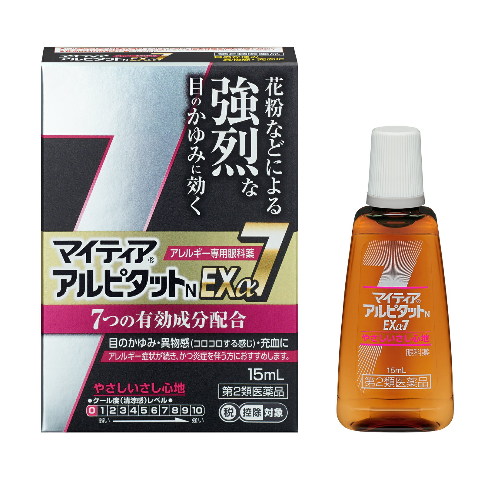 商品名 マイティア　アルピタットN　EXα7　 内容量 15ml　 成分 クロモグリク酸ナトリウム 10mg 【抗アレルギー成分】アレルギー症状を引き起こす化学伝達物質(ヒスタミンなど)の放出を抑えます クロルフェニラミンマレイン酸塩 0.3mg 【抗ヒスタミン成分】放出されたヒスタミンが受容体に結合するのをブロックし、症状を鎮めます プラノプロフェン 0.5mg 【抗炎症成分】炎症の原因物質の生成を抑えることにより目の炎症を鎮めます コンドロイチン硫酸エステルナトリウム 5mg 【角膜保護成分】アレルギーによる目の炎症で傷ついた角膜を保護します タウリン 1mg 【角膜修復補助成分】アレルギーによる目の炎症で傷ついた角膜を修復します L-アスパラギン酸カリウム 2mg 【角膜修復補助成分】新陳代謝を促進し、アレルギー症状でダメージを受けた角膜の修復を助けます 酢酸d-α-トコフェロール 0.1mg 【角膜修復補助成分】血行促進によりアレルギー症状でダメージを受けた角膜の修復を助けます 添加物 ホウ酸、ホウ砂、ジブチルヒドロキシトルエン、ポリソルベート80、ベンザルコニウム塩化物、pH調節剤 　 効能・効果 花粉、ハウスダスト（室内塵）などによる次のような目のアレルギー症状の緩和：目の充血、目のかゆみ、目のかすみ（目やにの多いときなど）、なみだ目、異物感（コロコロする感じ） 用法・用量 1 回1 ～ 2 滴、1 日4 回点眼する。 小児に使用させる場合には、保護者の指導監督のもとに使用させること。 容器の先を目、まぶた、まつ毛に触れさせないこと（目やにやその他異物等が混入することで、薬液が汚染あるいは混濁することがある）。また、混濁したものは使用しないこと。 コンタクトレンズを装着したまま使用しないこと。（一旦レンズをはずしてから点眼すること。） 点眼用にのみ使用すること。 用法・用量を厳守すること。 　 使用上の注意 ■してはいけないこと （守らないと現在の症状が悪化したり，副作用・事故が起こりやすくなる） 1．次の人は使用しないこと 　（1）7歳未満の小児。 　（2）妊婦または妊娠していると思われる人。 　（3）授乳中の人。 2．点鼻薬と併用する場合には，乗物または機械類の運転操作をしないこと。 　（眠気があらわれることがある。） ■相談すること 1．次の人は使用前に医師，薬剤師または登録販売者に相談すること 　（1）医師の治療を受けている人。 　（2）減感作療法等，アレルギーの治療を受けている人。 　（3）薬などによりアレルギー症状を起こしたことがある人。 　（4）次の症状のある人。 　　はげしい目の痛み 　（5）次の診断を受けた人。 　　緑内障 　（6）アレルギーによる症状か他の原因による症状かはっきりしない人。 　　とくに次のような場合はアレルギーによるものとは断定できないため，使用前に医師に相談すること。 　　●片方の目だけに症状がある場合 　　●目の症状のみで，鼻には症状がみられない場合 　　●視力にも影響がある場合 2．使用後，次の症状があらわれた場合は副作用の可能性があるので，直ちに使用を中止し，この文書を持って医師，薬剤師または登録販売者に相談すること ［関係部位：症状］ 皮膚：発疹・発赤，かゆみ 目：充血，かゆみ，はれ（目のまわりを含む），刺激感，痛み，異物感，なみだ目，目やに その他：息苦しさ 　まれに下記の重篤な症状が起こることがある。その場合は直ちに医師の診療を受けること。 ［症状の名称：症状］ アナフィラキシー：使用後すぐに息苦しさ，浮腫（咽喉，まぶた，鼻粘膜，口唇等），じんましん等の症状があらわれる。 3．次の場合は使用を中止し，この文書を持って医師，薬剤師または登録販売者に相談すること 　（1）症状が悪化した場合 　（2）目のかすみが改善されない場合（緑内障等の可能性も考えられる） 　（3）2日間使用しても症状がよくならない場合 　（4）症状の改善がみられても，2週間を超えて使用する場合 保管お及び取り扱い上の注意 （1）直射日光の当たらない涼しい所に密栓して保管すること。特に自動車内や暖房器具の近くなど，高温となるおそれのある場所に放置しないこと。なお，本剤は光による品質の変化を防ぐため，密栓して，必ず添付の携帯用袋（しゃ光性がある）に入れること。 （2）小児の手の届かない所に保管すること。 （3）他の容器に入れ替えないこと（誤用の原因になったり，品質が変わる）。 （4）容器に他のものを入れて使用しないこと。 （5）他の人と共用しないこと。 （6）使用期限を過ぎた製品は使用しないこと。 　また，使用期限内であっても，内袋開封後はすみやかに使用すること。 （7）保存の状態によっては，容器の先周囲やキャップの内側に薬液中の成分の結晶が付くことがある。このような場合には清潔なガーゼで軽くふき取って使用すること。 販売元 千寿製薬株式会社 住所：〒541-0046　大阪市中央区平野町二丁目5番8号 問い合わせ先：お客様インフォメーション 電話：0120-07-8552 受付時間：9：00～17：00（土，日，祝日を除く） 　 区分 第2類医薬品 広告文責 メガヘルスマート 　電話：024-922-2148　薬剤師　菊地　浩也 　 この商品は医薬品です。用法用量をご確認の上、 ご服用下さいませ。　 【使用期限：商品発送後、180日以上ございます】 医薬品販売に関する記載事項