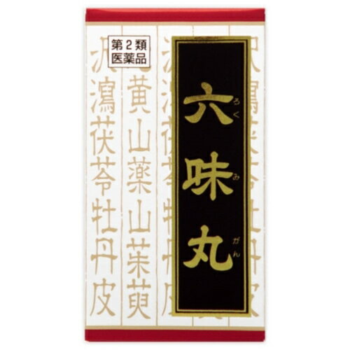 　商品名 クラシエ　　六味丸　180錠　3箱　　　　　　　 成分 成人1日の服用量12錠（1錠330mg）中： 六味丸料エキス粉末・・・2,100mg （ジオウ2.5g、サンシュユ・サンヤク・タクシャ・ブクリョウ・ボタンピ各1.5gより抽出。） 添加物として、二酸化ケイ素、セルロース、水酸化Al/Mg、ステアリン酸Mg、タルク、CMC-Na、CMC-Caを含有する。 　 効能 疲れやすくて尿量減少または多尿で、ときに口渇があるものの次の諸症： 排尿困難、頻尿、むくみ、かゆみ 用法・用量 1日3回食前又は食間に水又は白湯にて服用。 成人（15才以上）・・・1回4錠 15才未満7才以上・・・1回3錠 7才未満5才以上・・・1回2錠 5才未満・・・服用しないこと 服用上の注意 【使用上の注意】 相談すること 1． 次の人は服用前に医師又は薬剤師に相談してください 　（1）医師の治療を受けている人 　（2）妊婦又は妊娠していると思われる人 　（3）胃腸の弱い人 　（4）今までに薬により発疹・発赤、かゆみ等を起こしたことがある人 2． 次の場合は、直ちに服用を中止し、医師又は薬剤師に相談してください 　（1）服用後、次の症状があらわれた場合 関係部位 症　　　　状 皮ふ 発疹・発赤、かゆみ 消化器 悪心・嘔吐、食欲不振、胃部不快感 　　まれに下記の重篤な症状が起こることがあります。 その場合は直ちに医師の診療を受けてください。 症状の名称 症　　　　状 肝機能障害 全身のだるさ、黄疸（皮ふや白目が黄色くなる）等があらわれる。 　（2）1 ヵ月位服用しても症状がよくならない場合 3．次の症状があらわれることがありますので、このような症状の継続又は増強が見られた場合には、 服用を中止し、医師又は薬剤師に相談してください　　※ 下痢 　保管上の注意 （1）直射日光の当たらない湿気の少ない涼しい所に保管してください。 （2）小児の手の届かない所に保管してください。 （3）他の容器に入れ替えないでください。 　（誤用の原因になったり品質が変わります。） （4）使用期限のすぎた商品は服用しないでください。 　 発売元 クラシエ　薬品株式会社　問い合わせ先：お客様相談窓口 電話：（03）5446-3334 受付時間：10：00〜17：00（土，日，祝日を除く） その他：ホームページ　www.kracie.co.jp 住所：〒108-8080　東京都港区海岸3-20-20 　 製造販売元 クラシエ製薬株式会社　　 区分 日本製・第2類医薬品 広告文責 メガヘルスマート　電話：024-922-2148　薬剤師　菊地　浩也 この商品は医薬品です。用法用量をご確認の上、 ご服用下さいませ。　 【使用期限：商品発送後、180日以上ございます】 医薬品販売に関する記載事項　　 　 この商品は医薬品です。用法用量をご確認の上、 ご服用下さいませ。　 【使用期限：商品発送後、180日以上ございます】 医薬品販売に関する記載事項　　