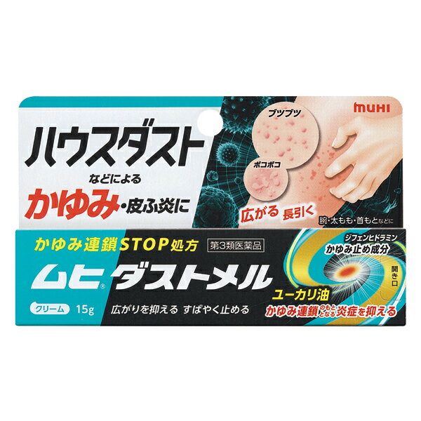 商品名 　ムヒダストメル 15g 　 成分・分量 100g中 有効成分・・・分量（作用） ジフェンヒドラミン・・・1.0g（かゆみ原因物質（ヒスタミン）のはたらきをブロックし、起きているかゆみをすばやく止めます。） ユーカリ油・・・2.0g（かゆみ連鎖のもととなる、炎症原因物質の放出を抑えます。） l-メントール・・・5.0g（清涼感を与え、かゆみをすばやく鎮めます。） dl-カンフル・・・1.0g（清涼感を与え、かゆみをすばやく鎮めます。） 添加物としてエデト酸Na、オクチルドデカノール、カルボキシビニルポリマー、ステアリルアルコール、1．3-ブチレングリコール、ポリソルベート60、ジイソプロパノールアミン、パラベンを含有します。 ●本剤にステロイド成分は配合されていません 内容量 15g 　 　 効能・効果 かゆみ、皮ふ炎、しっしん、じんましん、ただれ、あせも、かぶれ、虫さされ、しもやけ 用法・用量 1日数回、適量を患部に塗布してください。 【用法・用量に関連する注意】 （1）小児に使用させる場合には、保護者の指導監督のもとに使用させてください。 （2）目に入らないように注意してください。万一目に入った場合には、すぐに水又はぬるま湯で洗ってください。なお、症状が重い場合(充血や痛みが持続したり、涙が止まらない場合等)には、眼科医の診療を受けてください。 （3）本剤は外用にのみ使用し、内服しないでください。 使用上の注意 ●相談すること 1．次の人は使用前に医師、薬剤師または登録販売者に相談してください。 　1）医師の治療を受けている人。 　2）薬などによりアレルギー症状（発疹・発赤・かゆみ・かぶれ等）を起こしたことがある人。 　3）湿潤やただれのひどい人。 2．使用後、次の症状があらわれた場合は副作用の可能性がありますので、直ちに使用を中止し、説明文書を持って医師、薬剤師または登録販売者に相談してください。 　　関係部位：皮ふ 　　症状：発疹・発赤、かゆみ、はれ 3．5～6日間使用しても症状がよくならない場合は使用を中止し、説明文書を持って医師、薬剤師または登録販売者に相談してください。 【保管及び取扱い上の注意】 （1）直射日光の当たらない湿気の少ない涼しい所に密栓して保管してください。 （2）小児の手の届かない所に保管してください。 （3）他の容器に入れ替えないでください（誤用の原因になったり品質が変わります。） （4）使用期限（ケース及びチューブに西暦年と月を記載）をすぎた製品は使用しないでください。 使用期限内であっても、品質保持の点から開封後はなるべく早く使用してください。 ◆本品記載の使用法・使用上の注意をよくお読みの上ご使用下さい。 発売元 株式会社池田模範堂　富山県中新川郡上市町神田16番地 お問い合わせ 株式会社池田模範堂　お客様相談窓口 電話：076-472-0911　受付時間：月～金（祝日を除く）9：00～17：00 区分 日本製・第3類医薬品 広告文責 メガヘルスマート　電話：024-922-2148　薬剤師　菊地　浩也　 　 この商品は医薬品です。用法用量をご確認の上、 ご服用下さいませ。　 【使用期限：商品発送後、180日以上ございます】 医薬品販売に関する記載事項　