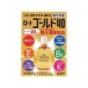 　商品名 　ロート　ゴールド　40　20ml　　 内容量 　20ml　 成分・分量 タウリン 1％　ネオスチグミンメチル硫酸塩 0.005％　 酢酸d-α-トコフェロール（天然型ビタミンE） 0.05％　ビタミンB6　0.1％ 　L-アスパラギン酸カリウム 1％　クロルフェニラミンマレイン酸塩 0.03％ ※添加物として、ホウ酸、ホウ砂、l-メントール、d-ボルネオール、ユーカリ油、クロロブタノール、ベンザルコニウム塩化物、エデト酸Na、エタノール、ポリソルベート80を含有します。 　 効能・効果 　目のかすみ（目やにの多いときなど）、目の疲れ、結膜充血、眼病予防（水泳のあと、ほこりや汗が目に入ったときなど）、眼瞼炎（まぶたのただれ）、目のかゆみ、紫外線その他の光線による眼炎（雪目など）、ハードコンタクトレンズを装着しているときの不快感 　 用法・用量 1回1〜3滴、1日5〜6回点眼してください。 相談すること 1．次の人は、使用前に医師又は薬剤師にご相談ください。 　（1）医師の治療を受けている人 　（2）本人又は家族がアレルギー体質の人 　（3）薬によりアレルギー症状を起こしたことがある人 　（4）次の症状のある人 　　はげしい目の痛み 　（5）次の診断を受けた人 　　緑内障 2．次の場合は、直ちに使用を中止し、この説明書を持って医師又は薬剤師にご相談ください。 　（1）使用後、次の症状があらわれた場合 関係部位：症状 皮ふ：発疹・発赤、かゆみ 目：充血、かゆみ、はれ （2）目のかすみが改善されない場合 （3）2週間位使用しても症状がよくならない場合 　　 製造販売元 ロート製薬　大阪府茨木市豊川1-30-3　Tel （072）640-0121 区分 日本製・ 第3類医薬品 広告文責 メガヘルスマート 電話：024-922-2148　薬剤師　菊地　浩也　　 この商品は医薬品です。用法用量をご確認の上、 ご服用下さいませ。　 【使用期限：商品発送後、180日以上ございます】