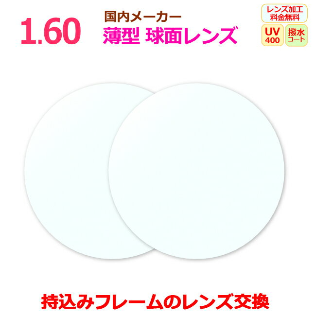 持ち込みフレームのレンズ交換　1.60　薄型　球面　国内メーカー　リーズナブル　一般眼鏡レンズ　2枚1組　UVカット…