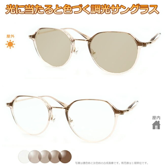 光に当たると色が変わる！ 調光メガネ完成品セット　眩しさから目を守る！　フォトクロミックレンズ　UVカット　調光レンズ使用　調光ブラウン　2464-6 スケルトンライトブラウン