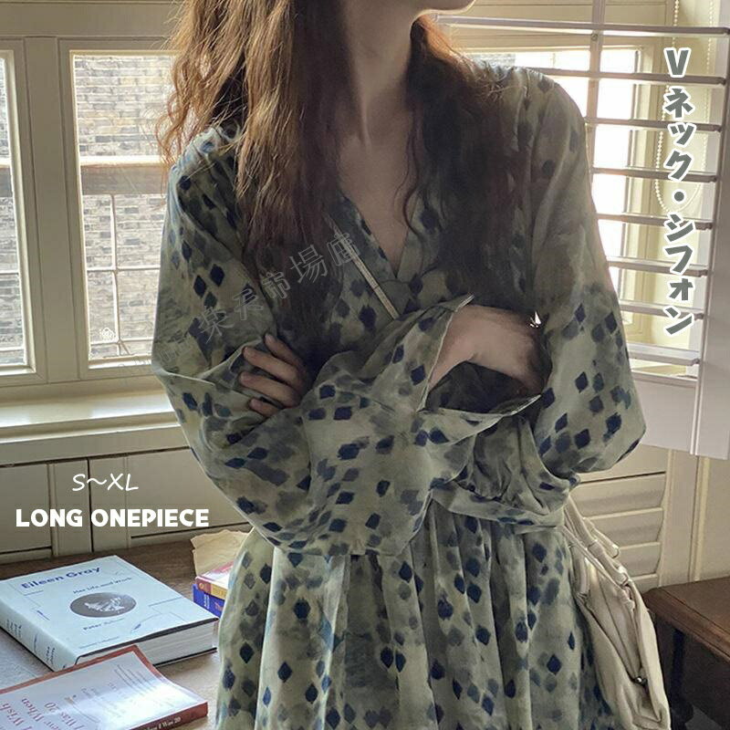 ワンピース 春 レディース きれいめ 長袖 花柄 服 母 ワンピース ロングワンピ Vネック グリーン プリーツワンピース フレアスカート マキシ丈 ゆったり 体型カバー フォーマル 結婚式 カジュアル 上品 着やせ キレイめ おしゃれ 春 秋 30代 40代 50代 送料無料のサムネイル