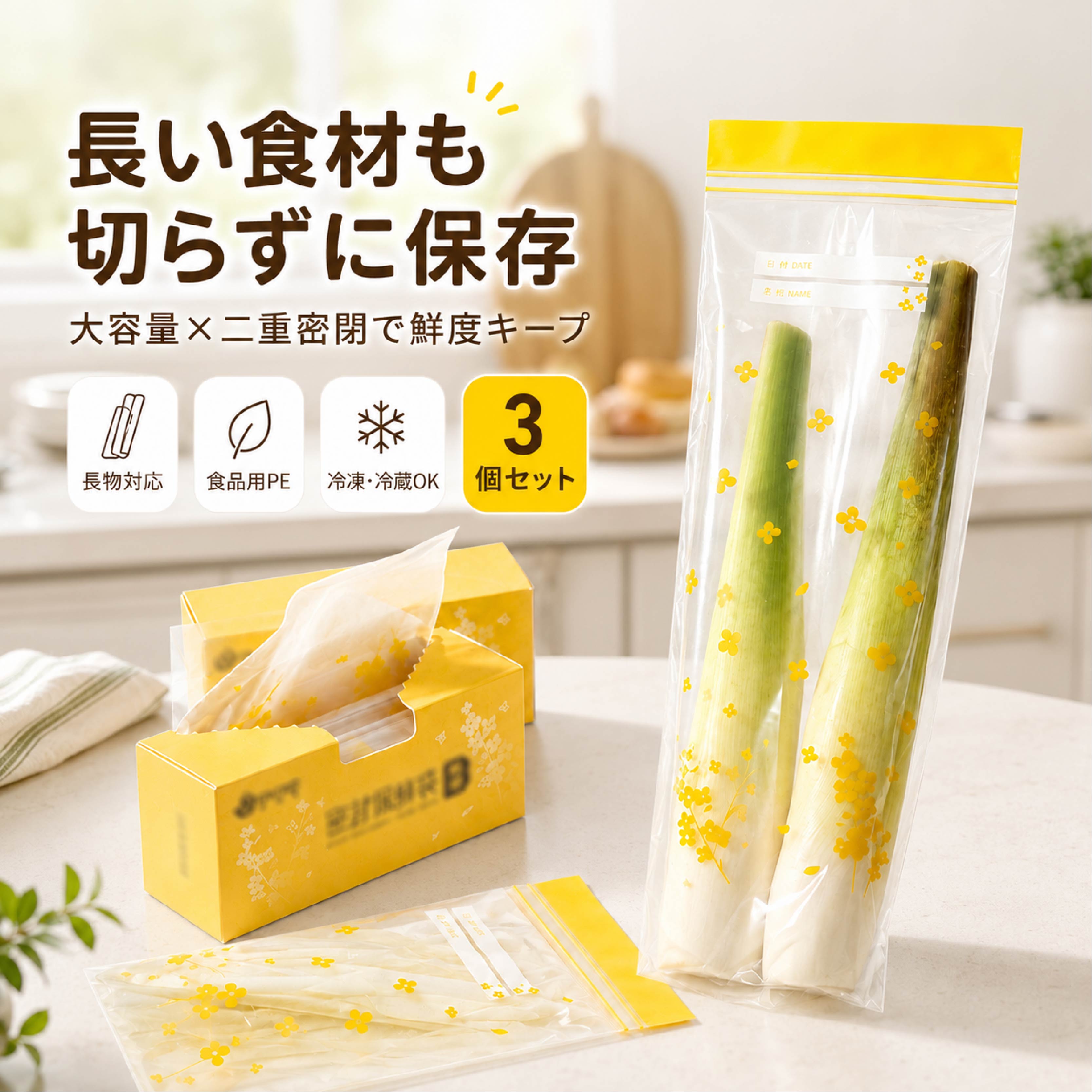 長ねぎやごぼうを切らずに保存できる長物保存袋 二重ジッパー 食品用PE 冷蔵冷凍対応 3箱セット長ねぎやごぼう、にら、アスパラなど、長さのある食材の保存に便利なロングサイズ保存袋です。一般的な保存袋では入りにくい長い食材も、約340×125mmの細長い形状で切らずにそのまま入れやすい設計。食材を必要以上にカットせず保存できるため、調理時にも取り出しやすく、冷蔵庫内の整理にも役立ちます。開口部には二重ジッパーを採用。口元をしっかり閉じやすく、冷蔵庫や冷凍庫での食材保存をサポートします。食品用PE素材を使用しているため、毎日の野菜や食材保存に取り入れやすい仕様です。袋表面には日付欄があり、保存日や食材名を記入して管理できます。まとめ買いした野菜や作り置き食材の管理にも便利で、必要な食材を見分けやすくなります。冷蔵冷凍の両方に対応しており、購入後の野菜保存や使い切れなかった食材の一時保存など、キッチンで幅広く活用できます。3箱セットなので、ご家庭の常備用としても使いやすい保存袋です。製品仕様商品名：長物保存袋材質：食品用PEサイズ：約340×125mmカラー：クリア×イエローセット内容：3箱セット仕様：二重ジッパー用途：野菜食材保存対応：冷蔵冷凍商品のおすすめポイントPOINT.1｜長い食材を切らずに保存しやすい長ねぎやごぼうなどの長物食材を、そのまま入れやすいロングサイズ設計です。一般的な保存袋では収納しにくい食材にも対応しやすく、下ごしらえ前の保存をサポートします。POINT.2｜二重ジッパーでしっかり閉じやすい開口部には二重ジッパーを採用しています。口元を閉じやすい仕様で、冷蔵庫や冷凍庫内での食材保存に便利です。POINT.3｜食品用PE素材を使用本体には食品用PE素材を使用しています。野菜や食材保存に使いやすく、毎日のキッチン用品として取り入れやすい仕様です。POINT.4｜冷蔵冷凍どちらにも対応冷蔵保存だけでなく冷凍保存にも対応しています。購入した野菜の保存や、余った食材の一時保存など幅広い用途で使用できます。POINT.5｜冷蔵庫内を整理しやすい細長形状細長い形状のため、野菜室や冷凍室でも立てたり並べたりしやすく、長物食材をすっきり管理できます。POINT.6｜日付欄付きで保存管理しやすい袋表面には日付欄があり、保存日や食材名を記入できます。まとめ買いした食材の管理や使い忘れ防止にも役立ちます。検索キーワード長物保存袋 野菜保存袋 ネギ保存袋 長ねぎ保存袋 保存袋 食品保存袋 ジッパーバッグ ロングサイズ 保存バッグ 野菜収納 野菜保管 ごぼう保存 にら保存 アスパラ保存 冷蔵保存 冷凍保存 二重ジッパー 食品用PE キッチン収納 冷蔵庫整理 日付欄付き 3箱セットご使用上の注意本商品は食品保存用の袋です。液体の長期保存や用途外でのご使用はお避けください。火気の近くや高温になる場所では使用保管しないでください。また、電子レンジ、オーブン、直火での使用はできません。鋭利な食材や硬い角のあるものを入れると、袋が破れたり傷ついたりする場合がありますので、取り扱いにはご注意ください。ご使用の際はジッパー部分をしっかり閉じ、密封状態をご確認のうえ保管してください。保存状態や入れる食材によっては液漏れの可能性がありますので、横置きには十分ご注意ください。冷凍保存を行う場合は、袋に強い衝撃を与えたり、無理に折り曲げたりしないでください。破損の原因となる場合があります。本商品は使い捨てを前提とした保存袋です。衛生面に配慮し、汚れや破損が見られた場合は継続使用をお控えください。サイズは手作業での測定のため、多少の誤差が生じる場合があります。また、モニターや撮影環境により実際の色味が若干異なって見える場合があります。長ねぎやごぼうを切らずに保存できる長物保存袋 二重ジッパー 食品用PE 冷蔵冷凍対応 3箱セット長ねぎやごぼう、にら、アスパラなど、長さのある食材の保存に便利なロングサイズ保存袋です。一般的な保存袋では入りにくい長い食材も、約340×125mmの細長い形状で切らずにそのまま入れやすい設計。食材を必要以上にカットせず保存できるため、調理時にも取り出しやすく、冷蔵庫内の整理にも役立ちます。開口部には二重ジッパーを採用。口元をしっかり閉じやすく、冷蔵庫や冷凍庫での食材保存をサポートします。食品用PE素材を使用しているため、毎日の野菜や食材保存に取り入れやすい仕様です。袋表面には日付欄があり、保存日や食材名を記入して管理できます。まとめ買いした野菜や作り置き食材の管理にも便利で、必要な食材を見分けやすくなります。冷蔵冷凍の両方に対応しており、購入後の野菜保存や使い切れなかった食材の一時保存など、キッチンで幅広く活用できます。3箱セットなので、ご家庭の常備用としても使いやすい保存袋です。製品仕様商品名：長物保存袋材質：食品用PEサイズ：約340×125mmカラー：クリア×イエローセット内容：3箱セット仕様：二重ジッパー用途：野菜食材保存対応：冷蔵冷凍商品のおすすめポイントPOINT.1｜長い食材を切らずに保存しやすい長ねぎやごぼうなどの長物食材を、そのまま入れやすいロングサイズ設計です。一般的な保存袋では収納しにくい食材にも対応しやすく、下ごしらえ前の保存をサポートします。POINT.2｜二重ジッパーでしっかり閉じやすい開口部には二重ジッパーを採用しています。口元を閉じやすい仕様で、冷蔵庫や冷凍庫内での食材保存に便利です。POINT.3｜食品用PE素材を使用本体には食品用PE素材を使用しています。野菜や食材保存に使いやすく、毎日のキッチン用品として取り入れやすい仕様です。POINT.4｜冷蔵冷凍どちらにも対応冷蔵保存だけでなく冷凍保存にも対応しています。購入した野菜の保存や、余った食材の一時保存など幅広い用途で使用できます。POINT.5｜冷蔵庫内を整理しやすい細長形状細長い形状のため、野菜室や冷凍室でも立てたり並べたりしやすく、長物食材をすっきり管理できます。POINT.6｜日付欄付きで保存管理しやすい袋表面には日付欄があり、保存日や食材名を記入できます。まとめ買いした食材の管理や使い忘れ防止にも役立ちます。検索キーワード長物保存袋 野菜保存袋 ネギ保存袋 長ねぎ保存袋 保存袋 食品保存袋 ジッパーバッグ ロングサイズ 保存バッグ 野菜収納 野菜保管 ごぼう保存 にら保存 アスパラ保存 冷蔵保存 冷凍保存 二重ジッパー 食品用PE キッチン収納 冷蔵庫整理 日付欄付き 3箱セットご使用上の注意本商品は食品保存用の袋です。液体の長期保存や用途外でのご使用はお避けください。火気の近くや高温になる場所では使用保管しないでください。また、電子レンジ、オーブン、直火での使用はできません。鋭利な食材や硬い角のあるものを入れると、袋が破れたり傷ついたりする場合がありますので、取り扱いにはご注意ください。ご使用の際はジッパー部分をしっかり閉じ、密封状態をご確認のうえ保管してください。保存状態や入れる食材によっては液漏れの可能性がありますので、横置きには十分ご注意ください。冷凍保存を行う場合は、袋に強い衝撃を与えたり、無理に折り曲げたりしないでください。破損の原因となる場合があります。本商品は使い捨てを前提とした保存袋です。衛生面に配慮し、汚れや破損が見られた場合は継続使用をお控えください。サイズは手作業での測定のため、多少の誤差が生じる場合があります。また、モニターや撮影環境により実際の色味が若干異なって見える場合があります。長ねぎやごぼうを切らずに保存できる長物保存袋 二重ジッパー 食品用PE 冷蔵冷凍対応 3箱セット長ねぎやごぼう、にら、アスパラなど、長さのある食材の保存に便利なロングサイズ保存袋です。一般的な保存袋では入りにくい長い食材も、約340×125mmの細長い形状で切らずにそのまま入れやすい設計。食材を必要以上にカットせず保存できるため、調理時にも取り出しやすく、冷蔵庫内の整理にも役立ちます。開口部には二重ジッパーを採用。口元をしっかり閉じやすく、冷蔵庫や冷凍庫での食材保存をサポートします。食品用PE素材を使用しているため、毎日の野菜や食材保存に取り入れやすい仕様です。袋表面には日付欄があり、保存日や食材名を記入して管理できます。まとめ買いした野菜や作り置き食材の管理にも便利で、必要な食材を見分けやすくなります。冷蔵冷凍の両方に対応しており、購入後の野菜保存や使い切れなかった食材の一時保存など、キッチンで幅広く活用できます。3箱セットなので、ご家庭の常備用としても使いやすい保存袋です。製品仕様商品名：長物保存袋材質：食品用PEサイズ：約340×125mmカラー：クリア×イエローセット内容：3箱セット仕様：二重ジッパー用途：野菜食材保存対応：冷蔵冷凍商品のおすすめポイントPOINT.1｜長い食材を切らずに保存しやすい長ねぎやごぼうなどの長物食材を、そのまま入れやすいロングサイズ設計です。一般的な保存袋では収納しにくい食材にも対応しやすく、下ごしらえ前の保存をサポートします。POINT.2｜二重ジッパーでしっかり閉じやすい開口部には二重ジッパーを採用しています。口元を閉じやすい仕様で、冷蔵庫や冷凍庫内での食材保存に便利です。POINT.3｜食品用PE素材を使用本体には食品用PE素材を使用しています。野菜や食材保存に使いやすく、毎日のキッチン用品として取り入れやすい仕様です。POINT.4｜冷蔵冷凍どちらにも対応冷蔵保存だけでなく冷凍保存にも対応しています。購入した野菜の保存や、余った食材の一時保存など幅広い用途で使用できます。POINT.5｜冷蔵庫内を整理しやすい細長形状細長い形状のため、野菜室や冷凍室でも立てたり並べたりしやすく、長物食材をすっきり管理できます。POINT.6｜日付欄付きで保存管理しやすい袋表面には日付欄があり、保存日や食材名を記入できます。まとめ買いした食材の管理や使い忘れ防止にも役立ちます。検索キーワード長物保存袋 野菜保存袋 ネギ保存袋 長ねぎ保存袋 保存袋 食品保存袋 ジッパーバッグ ロングサイズ 保存バッグ 野菜収納 野菜保管 ごぼう保存 にら保存 アスパラ保存 冷蔵保存 冷凍保存 二重ジッパー 食品用PE キッチン収納 冷蔵庫整理 日付欄付き 3箱セットご使用上の注意本商品は食品保存用の袋です。液体の長期保存や用途外でのご使用はお避けください。火気の近くや高温になる場所では使用保管しないでください。また、電子レンジ、オーブン、直火での使用はできません。鋭利な食材や硬い角のあるものを入れると、袋が破れたり傷ついたりする場合がありますので、取り扱いにはご注意ください。ご使用の際はジッパー部分をしっかり閉じ、密封状態をご確認のうえ保管してください。保存状態や入れる食材によっては液漏れの可能性がありますので、横置きには十分ご注意ください。冷凍保存を行う場合は、袋に強い衝撃を与えたり、無理に折り曲げたりしないでください。破損の原因となる場合があります。本商品は使い捨てを前提とした保存袋です。衛生面に配慮し、汚れや破損が見られた場合は継続使用をお控えください。サイズは手作業での測定のため、多少の誤差が生じる場合があります。また、モニターや撮影環境により実際の色味が若干異なって見える場合があります。長ねぎやごぼうを切らずに保存できる長物保存袋 二重ジッパー 食品用PE 冷蔵冷凍対応 3箱セット長ねぎやごぼう、にら、アスパラなど、長さのある食材の保存に便利なロングサイズ保存袋です。一般的な保存袋では入りにくい長い食材も、約340×125mmの細長い形状で切らずにそのまま入れやすい設計。食材を必要以上にカットせず保存できるため、調理時にも取り出しやすく、冷蔵庫内の整理にも役立ちます。開口部には二重ジッパーを採用。口元をしっかり閉じやすく、冷蔵庫や冷凍庫での食材保存をサポートします。食品用PE素材を使用しているため、毎日の野菜や食材保存に取り入れやすい仕様です。袋表面には日付欄があり、保存日や食材名を記入して管理できます。まとめ買いした野菜や作り置き食材の管理にも便利で、必要な食材を見分けやすくなります。冷蔵冷凍の両方に対応しており、購入後の野菜保存や使い切れなかった食材の一時保存など、キッチンで幅広く活用できます。3箱セットなので、ご家庭の常備用としても使いやすい保存袋です。製品仕様商品名：長物保存袋材質：食品用PEサイズ：約340×125mmカラー：クリア×イエローセット内容：3箱セット仕様：二重ジッパー用途：野菜食材保存対応：冷蔵冷凍商品のおすすめポイントPOINT.1｜長い食材を切らずに保存しやすい長ねぎやごぼうなどの長物食材を、そのまま入れやすいロングサイズ設計です。一般的な保存袋では収納しにくい食材にも対応しやすく、下ごしらえ前の保存をサポートします。POINT.2｜二重ジッパーでしっかり閉じやすい開口部には二重ジッパーを採用しています。口元を閉じやすい仕様で、冷蔵庫や冷凍庫内での食材保存に便利です。POINT.3｜食品用PE素材を使用本体には食品用PE素材を使用しています。野菜や食材保存に使いやすく、毎日のキッチン用品として取り入れやすい仕様です。POINT.4｜冷蔵冷凍どちらにも対応冷蔵保存だけでなく冷凍保存にも対応しています。購入した野菜の保存や、余った食材の一時保存など幅広い用途で使用できます。POINT.5｜冷蔵庫内を整理しやすい細長形状細長い形状のため、野菜室や冷凍室でも立てたり並べたりしやすく、長物食材をすっきり管理できます。POINT.6｜日付欄付きで保存管理しやすい袋表面には日付欄があり、保存日や食材名を記入できます。まとめ買いした食材の管理や使い忘れ防止にも役立ちます。検索キーワード長物保存袋 野菜保存袋 ネギ保存袋 長ねぎ保存袋 保存袋 食品保存袋 ジッパーバッグ ロングサイズ 保存バッグ 野菜収納 野菜保管 ごぼう保存 にら保存 アスパラ保存 冷蔵保存 冷凍保存 二重ジッパー 食品用PE キッチン収納 冷蔵庫整理 日付欄付き 3箱セットご使用上の注意本商品は食品保存用の袋です。液体の長期保存や用途外でのご使用はお避けください。火気の近くや高温になる場所では使用保管しないでください。また、電子レンジ、オーブン、直火での使用はできません。鋭利な食材や硬い角のあるものを入れると、袋が破れたり傷ついたりする場合がありますので、取り扱いにはご注意ください。ご使用の際はジッパー部分をしっかり閉じ、密封状態をご確認のうえ保管してください。保存状態や入れる食材によっては液漏れの可能性がありますので、横置きには十分ご注意ください。冷凍保存を行う場合は、袋に強い衝撃を与えたり、無理に折り曲げたりしないでください。破損の原因となる場合があります。本商品は使い捨てを前提とした保存袋です。衛生面に配慮し、汚れや破損が見られた場合は継続使用をお控えください。サイズは手作業での測定のため、多少の誤差が生じる場合があります。また、モニターや撮影環境により実際の色味が若干異なって見える場合があります。
