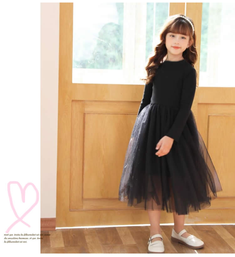 Rakuten - ふわふわ フォーマル 子供 ワンピース お出かけ 子ども 長袖 子供服 服 キッズ コットン 小学生 中学生 100 110 120 130 140 150 160 大きめサイズ ジュニアサイズ 韓国こども服 ブラック 秋服 シンプル 女の子 通園 通学