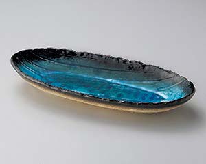 和食器 ヤ194-048 藍染スカイブルー手造り楕円長鉢(大)