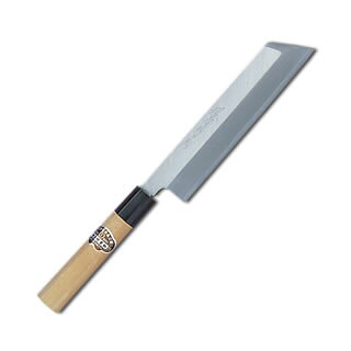 商品概要●商品名:堺孝行 本霞研 むき物包丁 18cm●刃渡:180mm●銘:堺孝行上作●柄:水牛●安来の白三鋼を使用し、本霞研を施した、本職用の和包丁です。※刃物類の金属製品は水洗いをした後、濡れたままで放置すると錆や水アカが発生しますので使用後はふきん等で水気を取り、風通しの良いところで乾燥させて下さい。【古より伝わる堺の名刀 堺孝行刃物】 古来から権威の象徴とされてきた日本刀。厳選された鋼を幾重にも折り重ね鍛え上げた刃心は最高の切れ味と輝きを放ち魂が宿ると伝えられています。日本の和包丁とはまさに日本刀の流れを引き継いだ世界に誇れる芸術品でもあります。細部に渡る仕上げのクオリティーは上質な包Tを作り出す職人のプライドでもあり先代より脈々と受け継がれてきた伝承の技でもあります。世界に類をみない独自の形状を持つ和包丁は魚や野菜など異なった食材を切る為に生み出された刃物であり繊細な日本料理には欠かす事の出来ない包丁です。600年の歴史を持つ堺刃物の伝統を守り続ける堺孝行ブランドをぜひ一度お手にとり世界に誇れる匠の技に触れて頂く事をスタッフー同願っております。Japanese swords have been a status symbol from ancient times. The core blade is forged by folding selected steel many times and features supreme sharpness and brilliance; it is has been said that the human soul dwells in the sword.Japanese knives are actually works of art descended from Japanese swords, and we proudly present them to the world. The quality of meticulous workmanship represents the pride of masters who create quality knives, and the quality is ensured by traditional skills that have been continuously inherited from their predecessors. Japanese knives have their own unprecedented shapes and are without parallel in the world as knives created for cutting different foods, including fishes and vegetables, and are vital for delicate apanese dishes. All of our staff members wish that you would pick up the Sakai Takayuki brand products which maintain the traditional skills of Sakai's Japanese knives and demonstrate the skills of world class masters. お祭り・イベント機器の激安販売 お祭り・スポーツイベント・フェスティバル・学校・幼稚園・保育園・子供会・体育祭・文化祭などの行事や模擬店、地域のお祭り・イベントで活躍の催事用アイテムを取り揃えています。展示会、オフィスの備品としてもお勧めです。設備がそろっていればもちろんご家庭でもご利用が可能です。