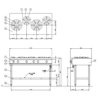 コメットカトウ ガスレンジ XYSシリーズ D=600 テーブルタイプ 1200×600×800 XYS-1260T LPG(プロパンガス)【メーカー直送/後払い決済不可】【メイチョー】