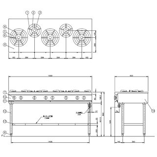 コメットカトウ ガスレンジ XYSシリーズ D=600 テーブルタイプ 1500×600×800 XYS-1560T 12A・13A(都市ガス)【メーカー直送/後払い決済不可】【メイチョー】